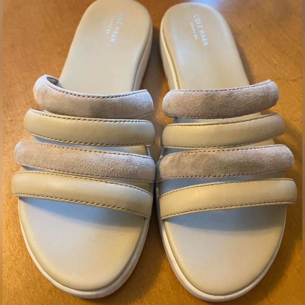 Cole Haan mixed suede/leather 4 strap slides